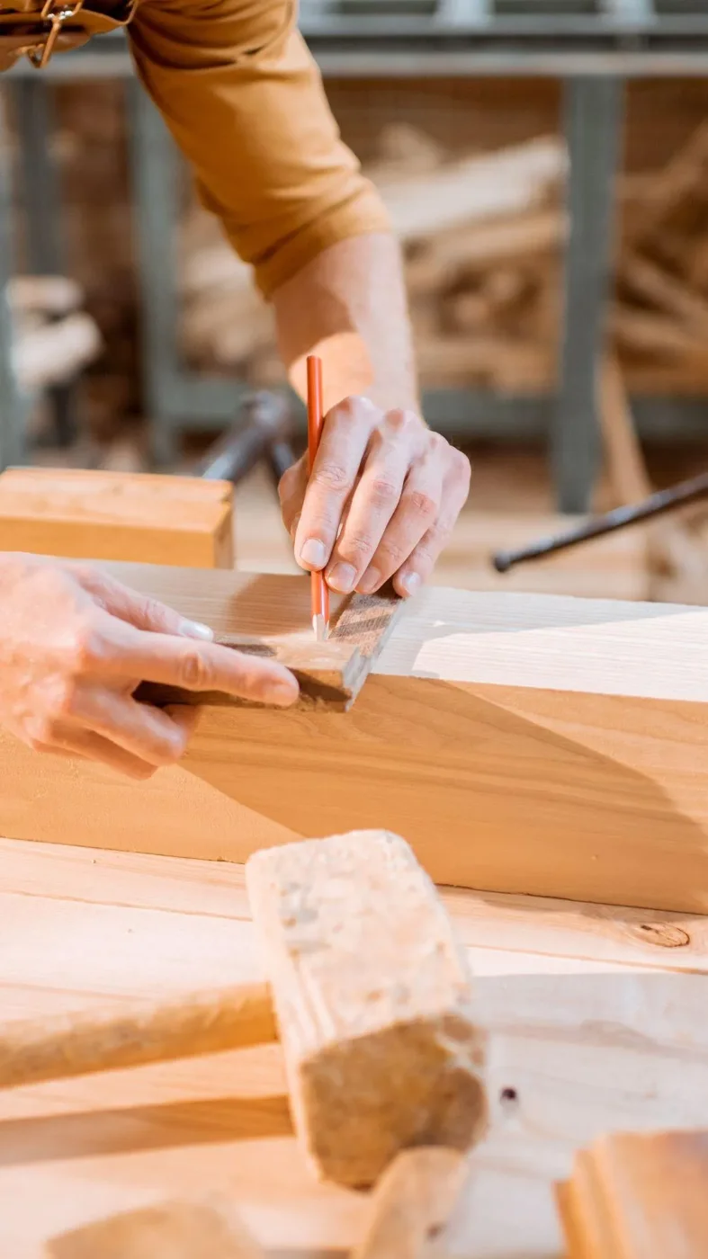 Carpenter using chisel to mark measurements on wooden plank in workshop